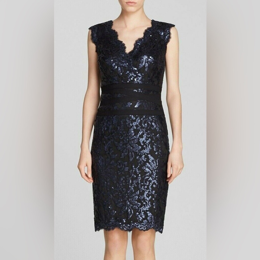 Tadashi Shoji Sequin Lace Banded Navy Black Sheath Cocktail Dress Whimsigoth - Picture 6 of 12